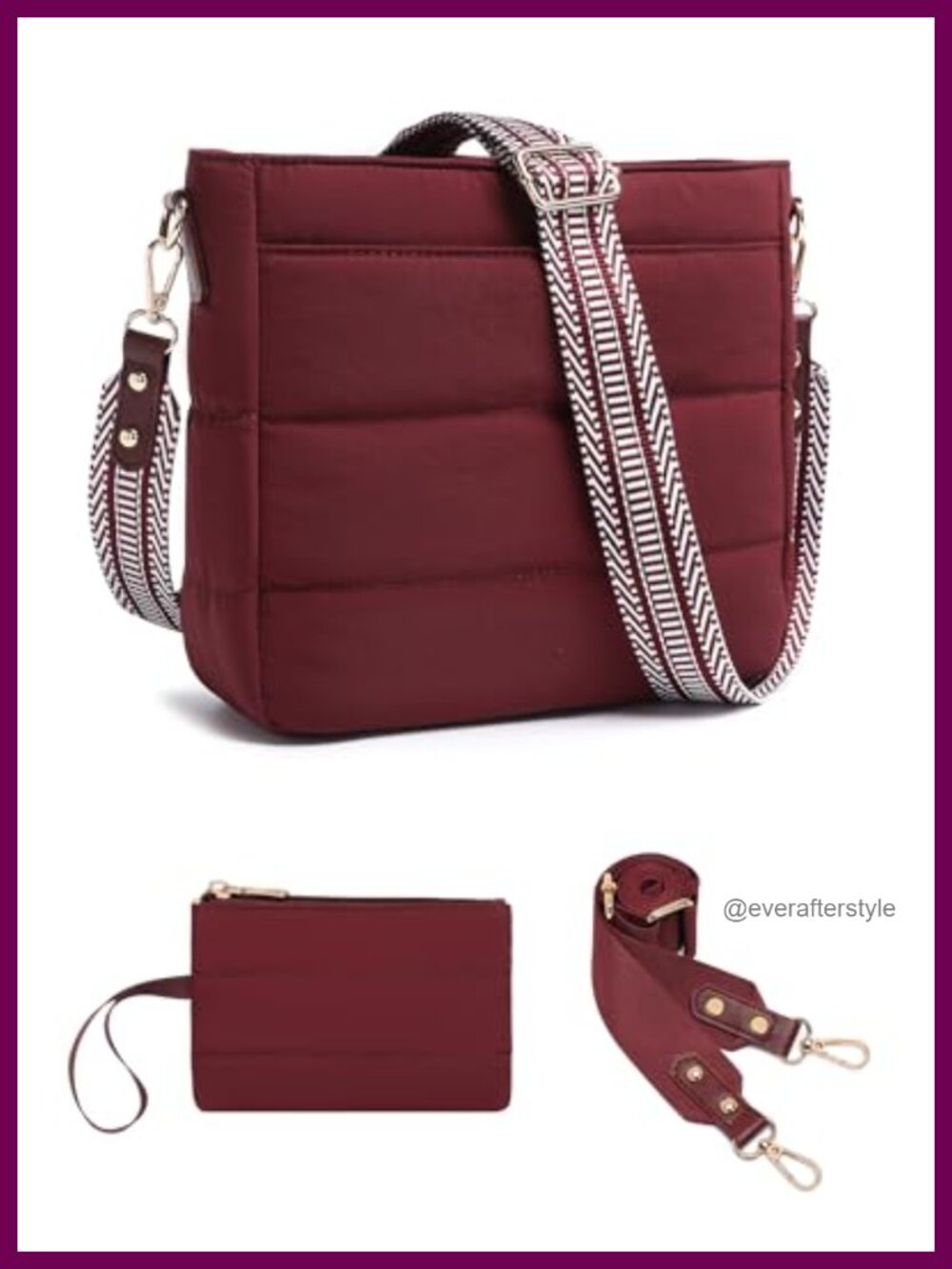 Quilted Puffer Crossbody Hobo Bag Set with Guitar Strap Nylon Purse